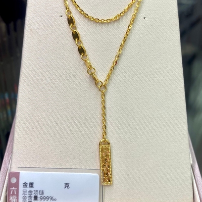 六福珠宝代购 锤纹碎碎冰长牌长条足金999黄金项链 新款专柜正品