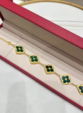 TSL谢瑞麟代购 足金999四叶草布布孔雀石黄金手链手串女 专柜正品