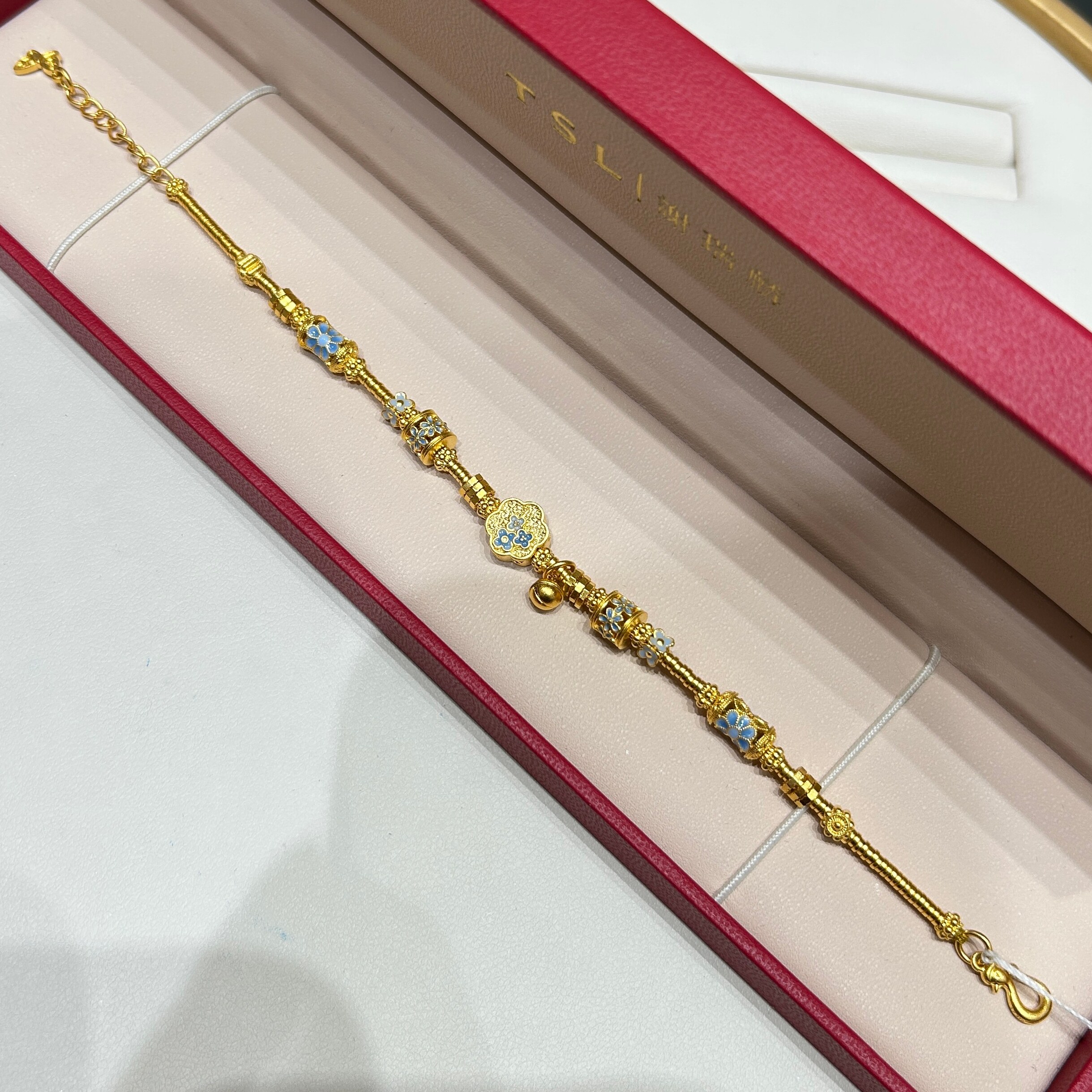 TSL谢瑞麟代购 足金999小蓝花铃铛黄金手链女 鎏彩盘缠新款正品