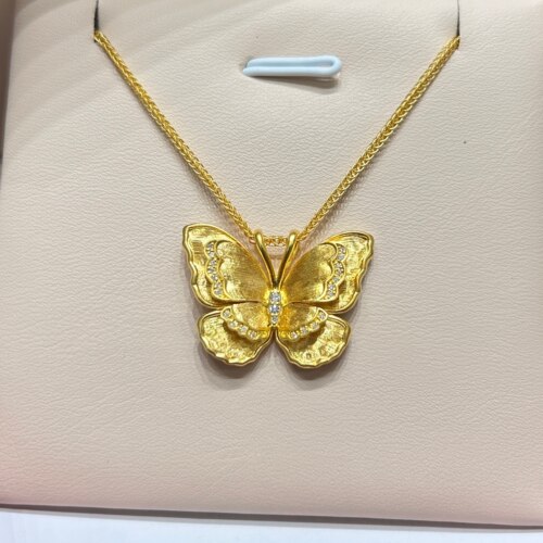 TSL谢瑞麟代购 足金999古法双层蝴蝶黄金钻石项链女 专柜正品