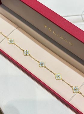 TSL谢瑞麟代购 足金999蓝色五花四叶草黄金手链手串 时尚专柜正品