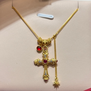 TSL谢瑞麟代购 足金999红宝石十字架黄金钻石项链女 轻奢专柜正品