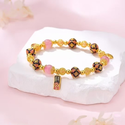 六福珠宝代购 足金鎏彩花丝金珠粉水晶黄金手链手串 新款专柜正品