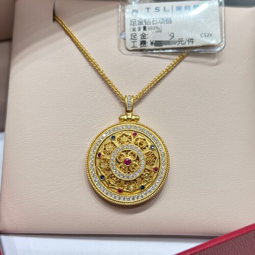 TSL谢瑞麟代购 足金999八宝罗盘黄金钻石项链女 镶钻专柜正品克减