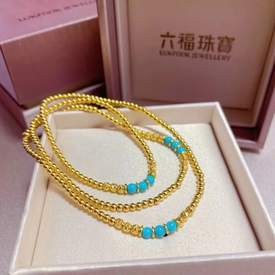 六福珠宝代购  两戴金珠链足金黄金绿松石手串项链 新款专柜正品