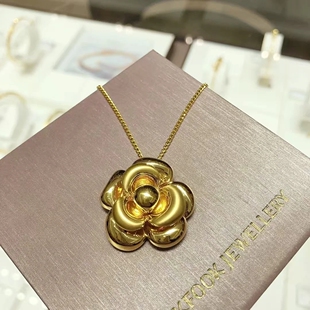 六福珠宝代购 山茶花黄金项链女款光面5D硬金足金项链 专柜正品