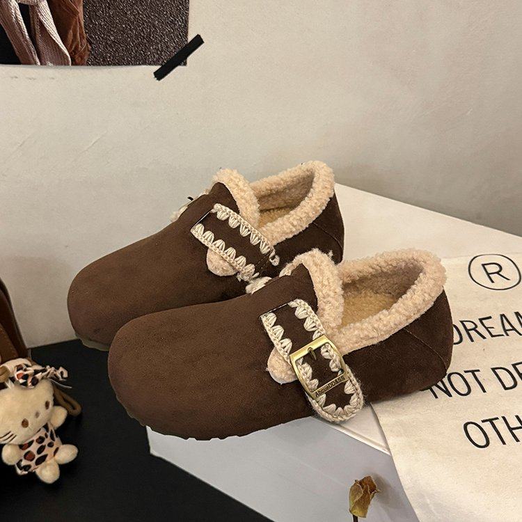 2026冬季新款深口单鞋一脚蹬圆头人造短毛绒牛反绒磨砂皮深口平底,女鞋,深口单鞋,淘宝优惠券,粉丝福利购,淘宝优惠卷