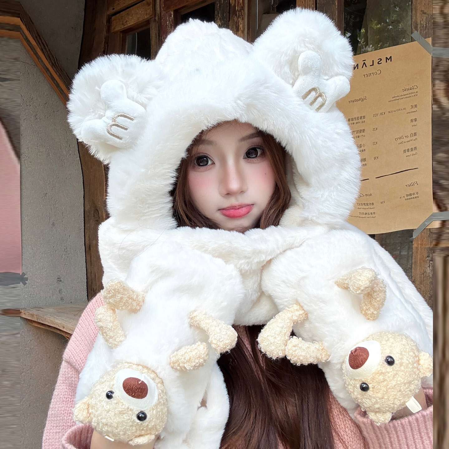 小熊帽子毛绒可爱女秋冬加绒围巾一体保暖手套围脖口罩潮三件套