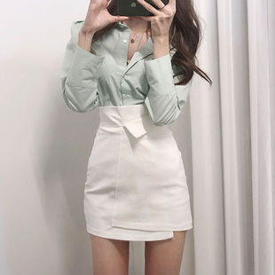 waisted skirt时尚 irregular word 高腰不规则a字包臀裙女 High