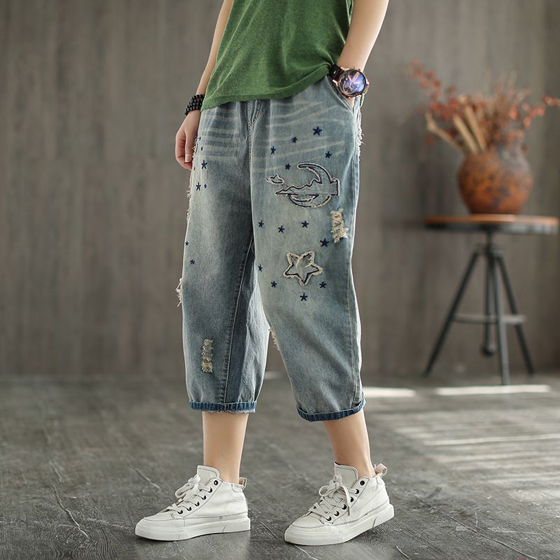 Fashion Mid Rise Harlan Denim Capris时尚中腰哈伦牛仔七分裤女