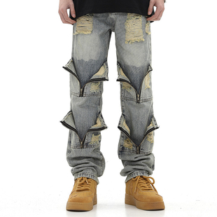 zippered torn denim pants 女士 Loose 宽松破洞拉链牛仔长裤 and