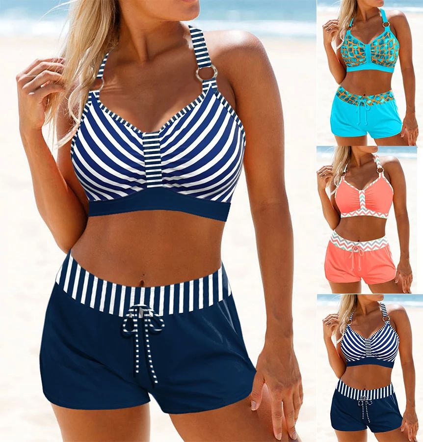 Striped printedcamisoleflatangleswimsuit条纹印花吊带平角泳衣