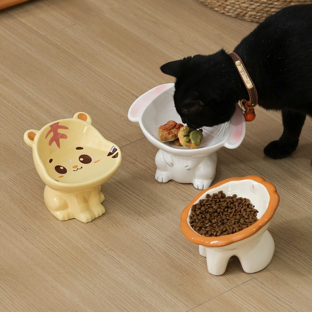 可爱卡通猫碗陶瓷斜口猫食盆防打翻保护颈椎狗饭碗狗盆宠物喝水碗