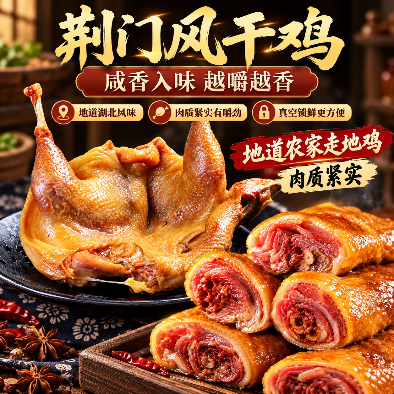 湖北荆门十里铺风干鸡正宗特产农家自制腊鸡整只土鸡散养土咸鸡肉