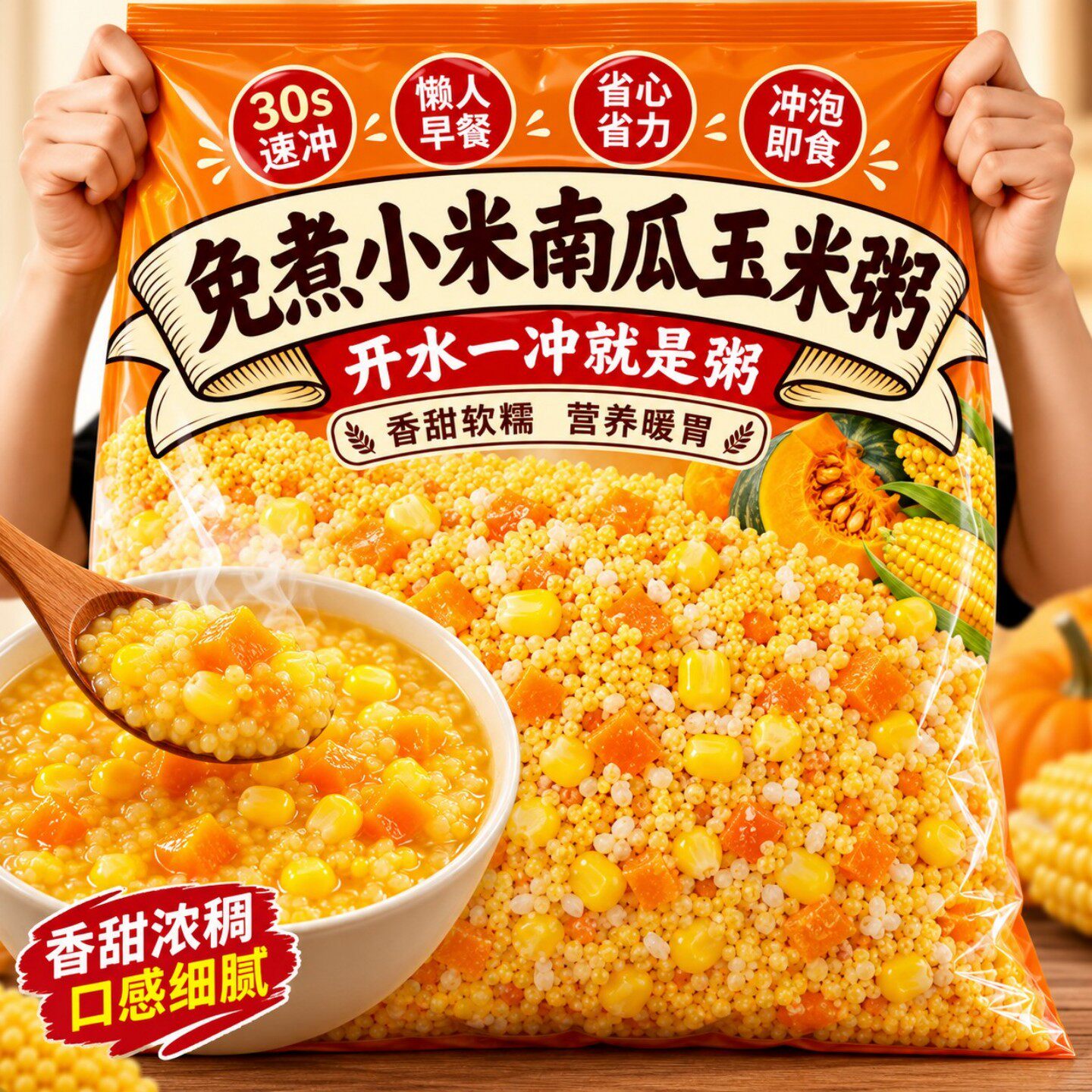 免炖小米南瓜玉米粥冲泡即食免煮独立包装速食早餐糖尿人无糖稀饭