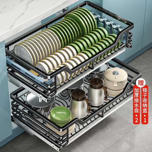 304不锈钢拉篮厨房整体橱柜抽屉收纳置物碗篮双层?具车内碗架放碗