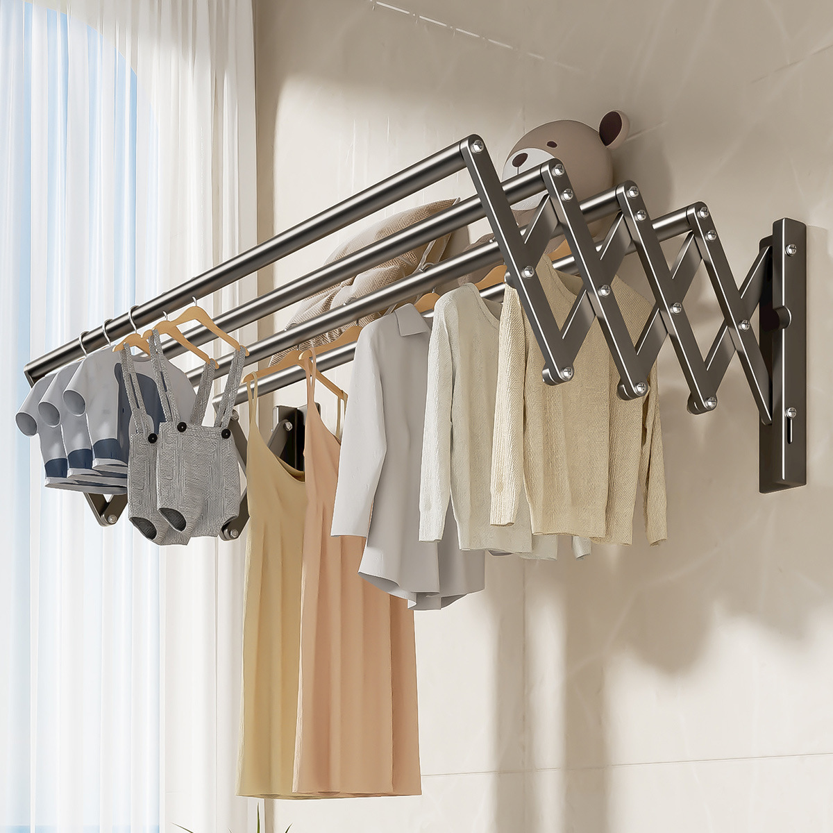 304不锈钢阳台伸缩晾衣架折叠晾衣杆推拉式飘窗室外晒衣架家用