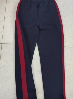 定制初中小学纯棉藏蓝色拼酒红宽杠校服裤直筒
