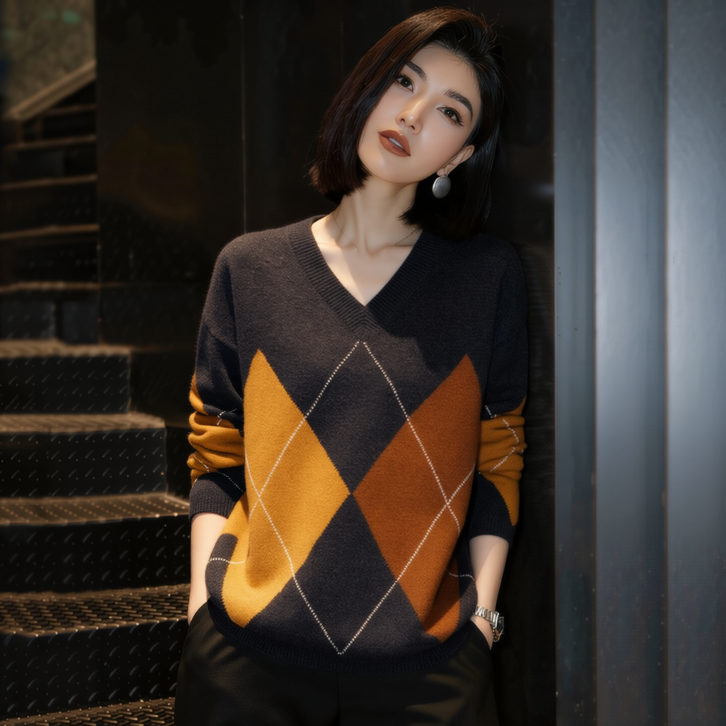 2026冬季新款菱形格V领套头针织衫女撞色毛衣老钱风显瘦保暖潮流,女装/女士精品,毛针织衫,淘宝优惠券,粉丝福利购,淘宝优惠卷