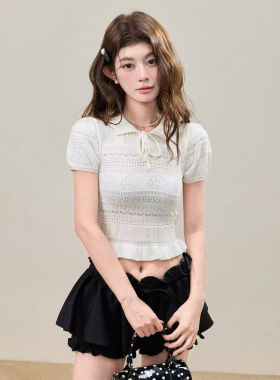 BBT Sweety 羊毛纯欲风镂空系带短袖t恤女夏季气质显瘦短款上衣