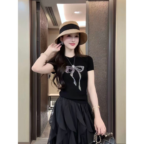 YYstudio黑色蝴蝶结短袖T恤女 2026修身显瘦气质正肩圆领上衣