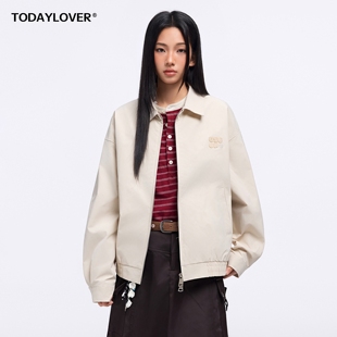 TODAYLOVER简约复古翻领短款夹克女春季休闲工装外套刺绣宽松上衣