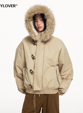 TODAYLOVER牛角扣棉衣女冬季保暖加厚派克服毛领连帽百搭短款外套