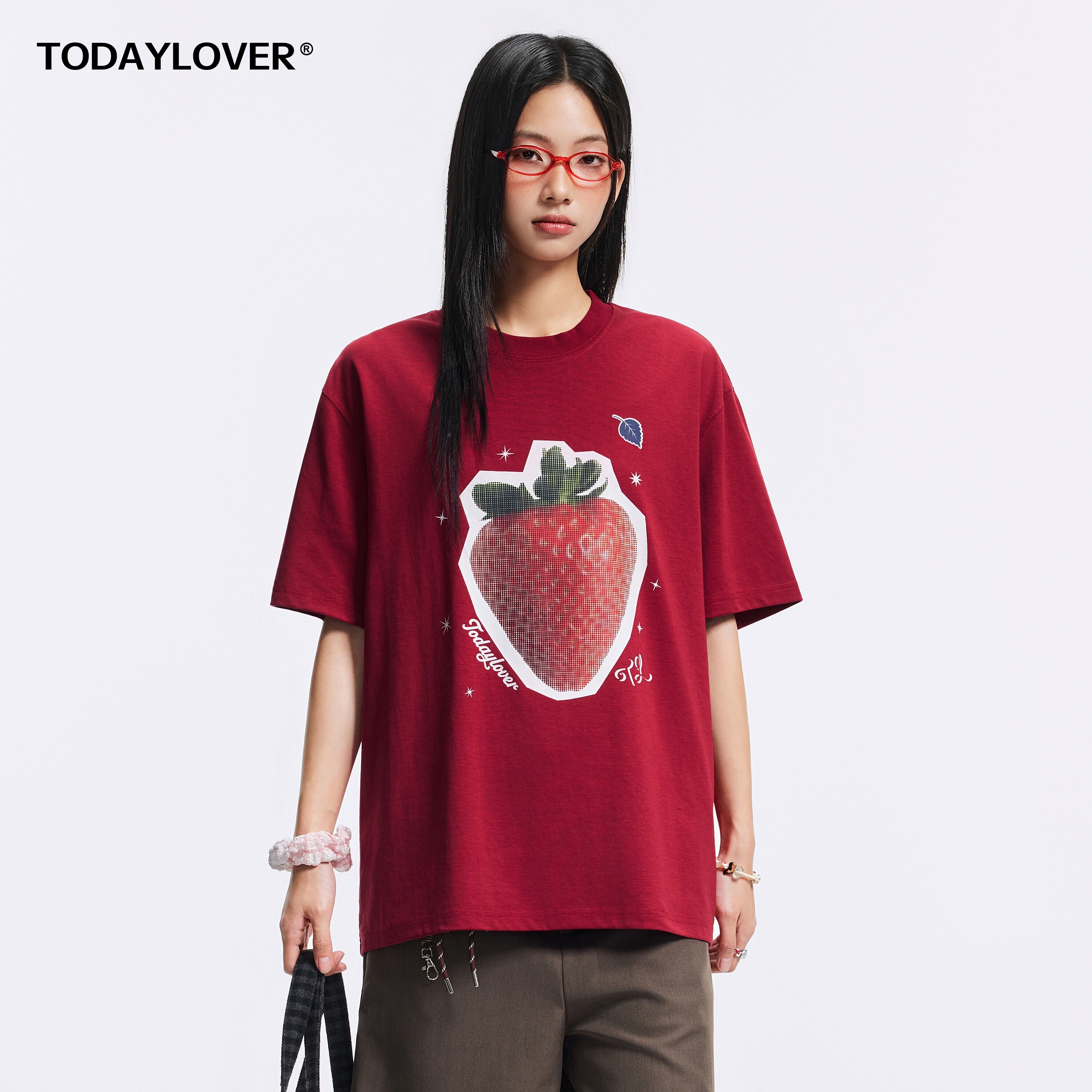 TODAYLOVER莱赛尔天丝圆领短袖T恤女夏季美式草莓印花水洗体恤潮