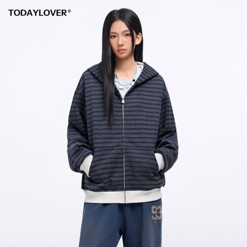TODAYLOVER美式撞色条纹连帽卫衣