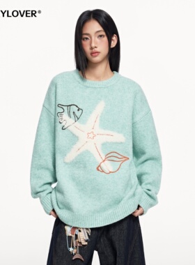 TODAYLOVER海星刺绣圆领毛衣女冬季羊毛cleanfit慵懒风套头针织衫