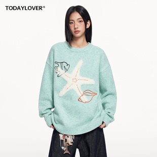 TODAYLOVER海星刺绣圆领毛衣女冬季羊毛cleanfit慵懒风套头针织衫