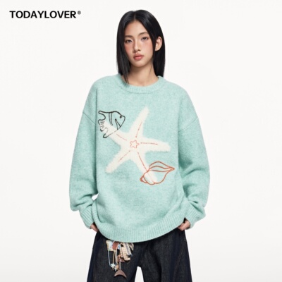 TODAYLOVER海星刺绣圆领毛衣女