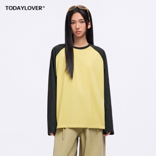 TODAYLOVER撞色插旗长袖T恤女春季美式复古宽松拼接圆领罩衫上衣