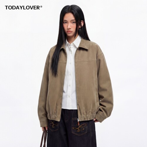TODAYLOVER美式复古麂皮夹克女春