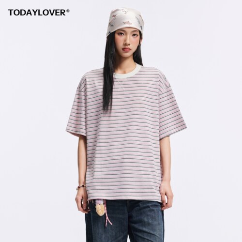 TODAYLOVER撞色条纹短袖T恤女夏