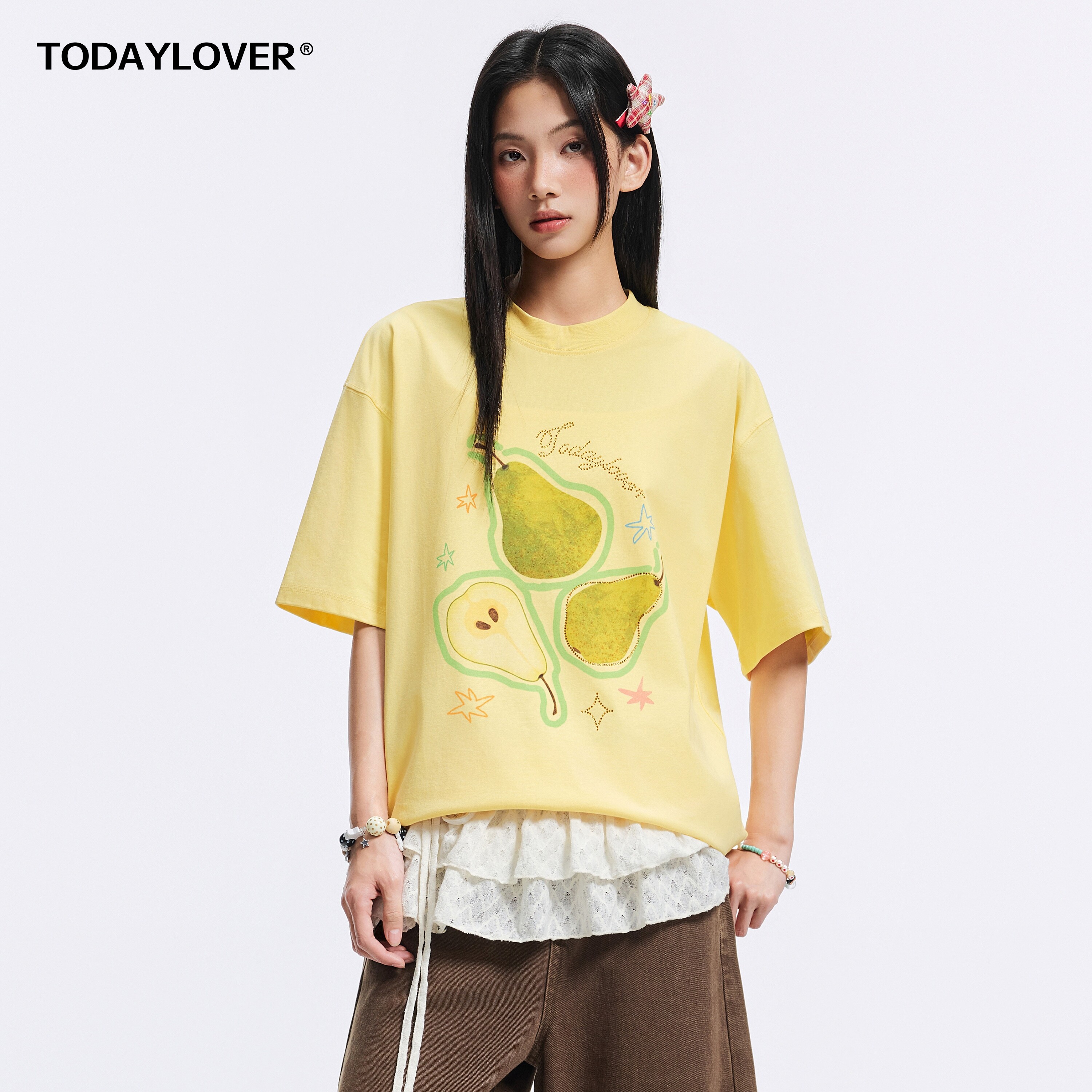 TODAYLOVER撞色水果印花圆领T恤女夏季美式cleanfit半袖体恤上衣