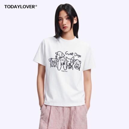 TODAYLOVER复古小狗印花短袖T恤女夏季美式vibe宽松情侣半袖体恤