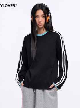TODAYLOVER撞色条纹圆领长袖T恤女春季美式cleanfit运动休闲上衣