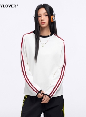 TODAYLOVER美式复古撞色条纹长袖T恤女春季索罗娜圆领宽松上衣潮