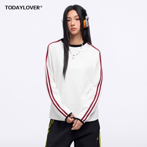 TODAYLOVE美式条纹圆领长袖T恤女