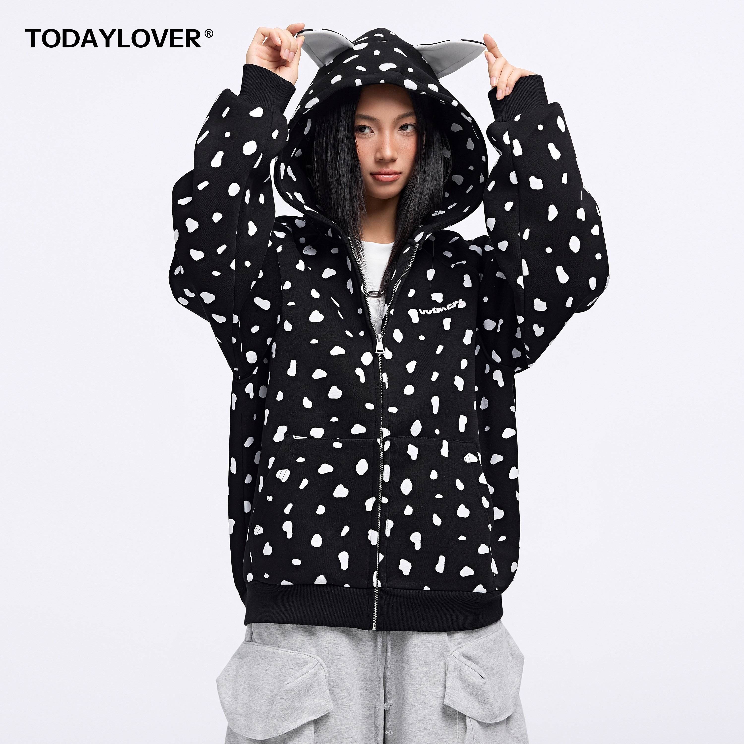 TODAYLOVER斑点满印耳朵连帽卫衣女春季美式cleanfit休闲情侣外套,男装,卫衣,淘宝优惠券,粉丝福利购,淘宝优惠卷