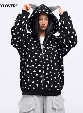 TODAYLOVER斑点满印耳朵连帽卫衣女春季美式cleanfit休闲情侣外套
