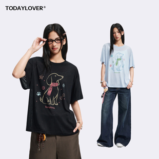 TODAYLOVER莱赛尔天丝圆领短袖T恤女夏季美式复古彩色腊肠狗罩衫