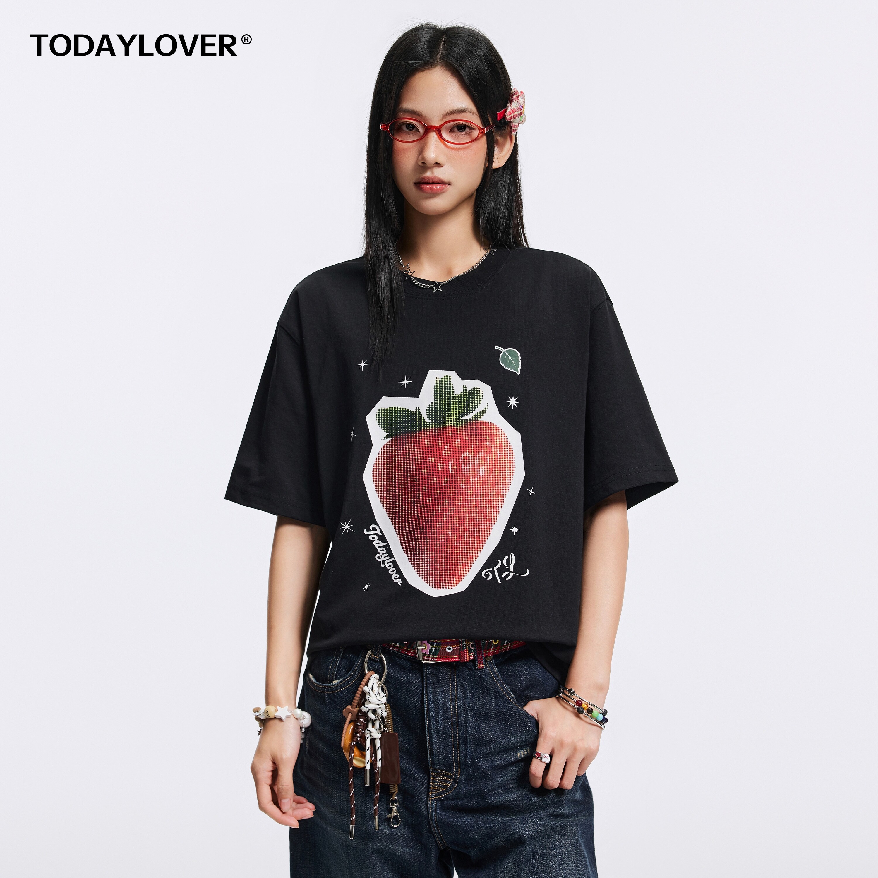 TODAYLOVER莱赛尔天丝圆领短袖T恤女夏季美式复古草莓印花体恤潮