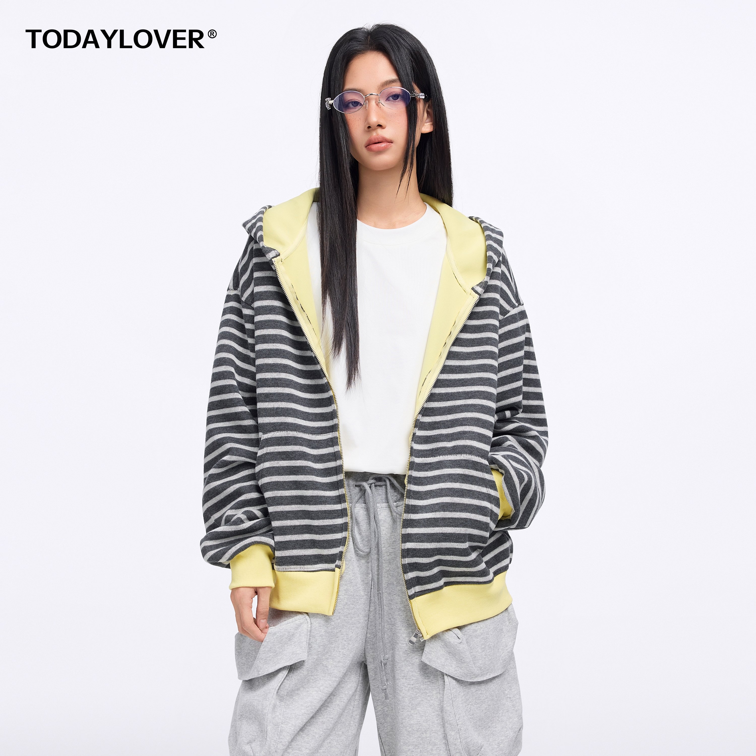 TODAYLOVER360g空气层条纹开衫卫衣女春季美式cleanfit宽松外套潮,男装,卫衣,淘宝优惠券,粉丝福利购,淘宝优惠卷