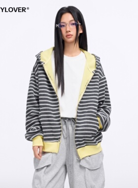 TODAYLOVER360g空气层条纹开衫卫衣女春季美式cleanfit宽松外套潮