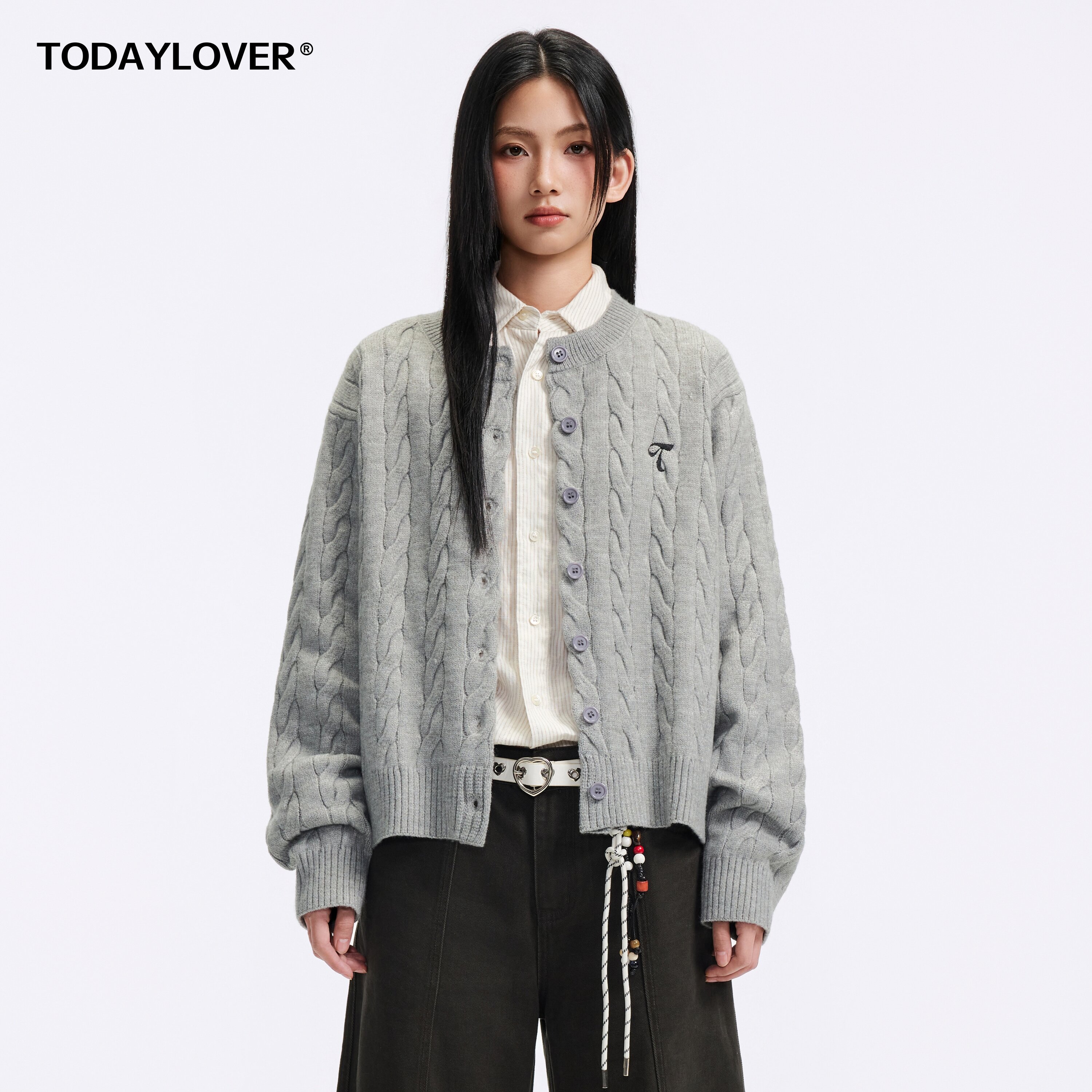 TODAYLOVER麻花针织开衫毛衣女秋季美式复古cleanfit减龄百搭外套