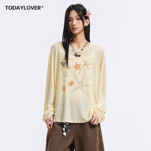 TODAYLOVER莱赛尔天丝圆领T恤女夏季美式情侣海星印花长袖罩衫潮