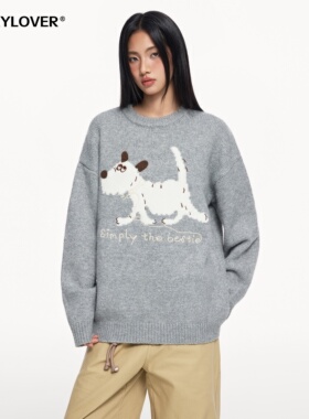 TODAYLOVER可爱小狗刺绣圆领毛衣女冬季美式复古慵懒风宽松针织衫