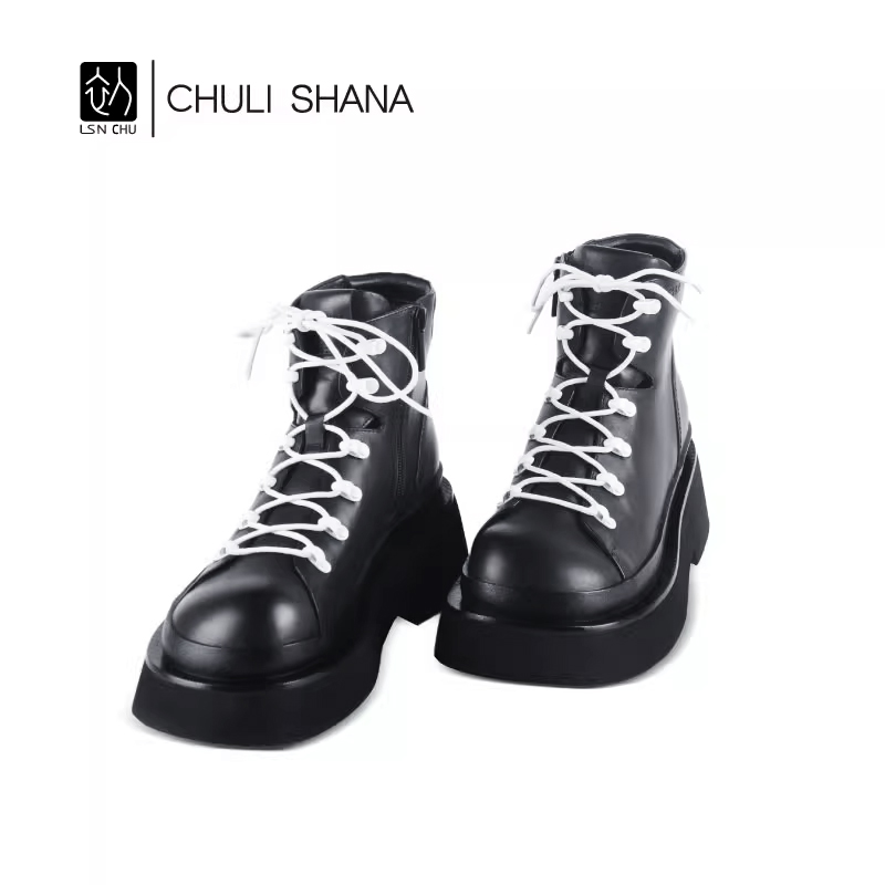 祝绪丹同款CHULISHANA【寻觅】牛皮马丁靴绑带短靴厚底增高靴子女